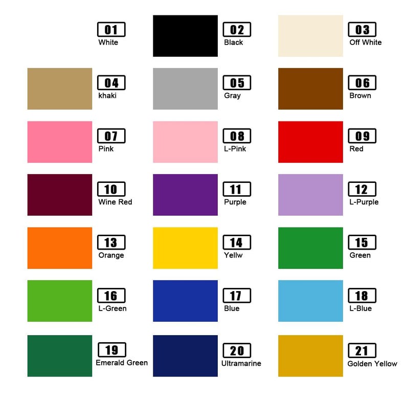 May include: A colour chart displaying 21 colour swatches, each labelled with a colour name and number. Colours include white, black, khaki, grey, brown, pink, light pink, red, wine red, purple, light purple, orange, yellow, green, light green, blue, light blue, emerald green, ultramarine, and golden yellow.