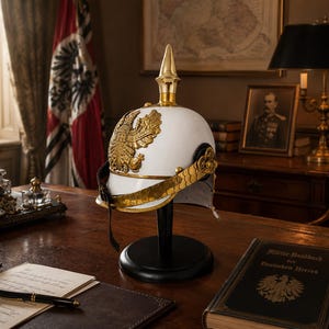 Könnte beinhalten: Ein weißer Militärhelm mit goldenen Akzenten und einem dekorativen Adleremblem, ausgestellt auf einem schwarzen Ständer. Der Helm steht auf einem Holzschreibtisch mit einer Vintage-Lampe, einem gerahmten Porträt und einem Buch mit dem Titel "Militär-Handbuch des Deutschen Heeres".