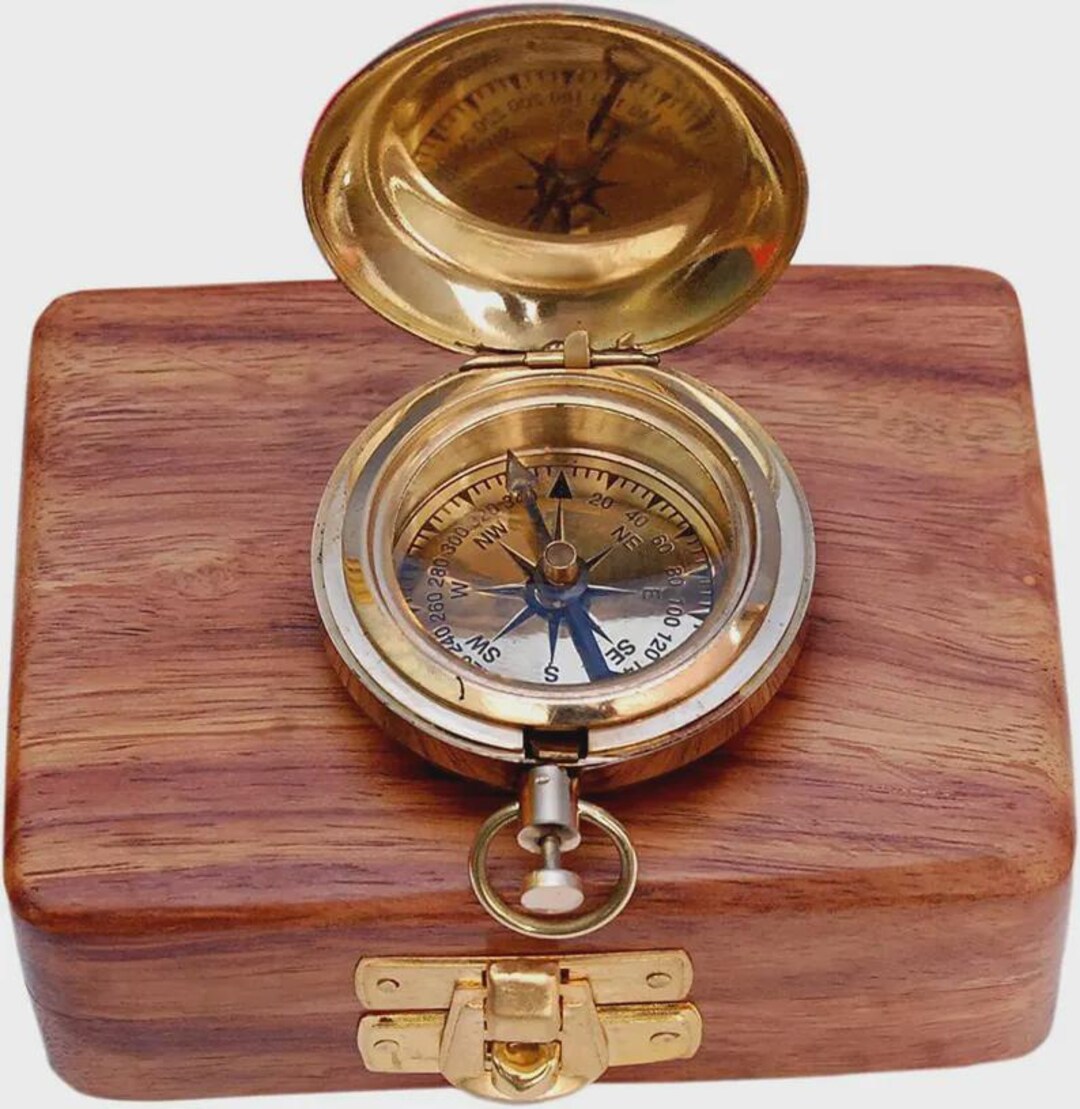 Compass Box Set Old Personalized Antique Brass Compass With Wooden Storage Box – Vintage ...
