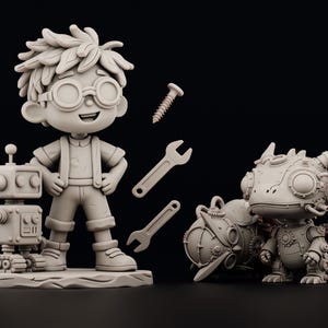 May include: A whimsical figurine set featuring a young boy with glasses, a robot, and a steampunk dragon. The boy stands with hands on hips, surrounded by screws and spanners. The dragon has red wings and mechanical details.