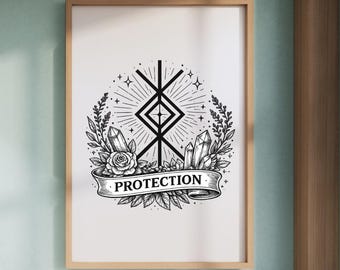 Utskrivbar väggkonst med skyddsrunor – nordisk skyddssymbol, andlig dekor, svartvit direktnedladdning