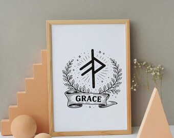 Utskrivbar väggkonst med nåderunor – nordisk andlig symbol, minimalistisk svartvit dekor, direkt nedladdning