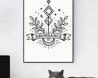 Utskrivbar väggdekoration med överflödsrunor – nordisk symbol för rikedom, välståndsdekor, direkt nedladdning svartvit