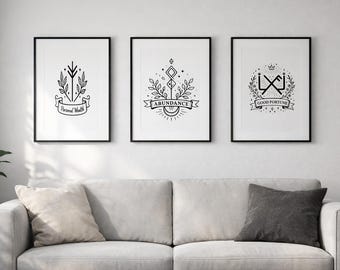 Överflöd och rikedom runor set med 3 digital nedladdning utskrivbara väggkonst