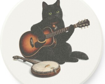 Schwarze Katze, die Gitarre-Auto-Untersetzer spielt | Speckstein Getränkehalter