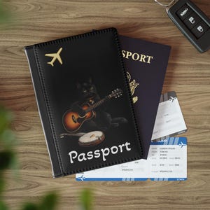 Schwarze Katze, die Gitarre spielt Passhülle | - Spielkatze, Reiseaccessoire Bild 5