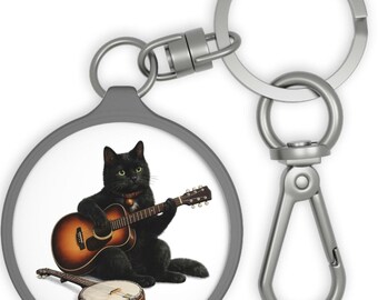 Schwarze Katze, die Gitarre spielt Schlüsselbund | Musikalische Katze mit Banjo-Illustration