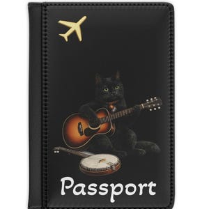 Schwarze Katze, die Gitarre spielt Passhülle | - Spielkatze, Reiseaccessoire Bild 1