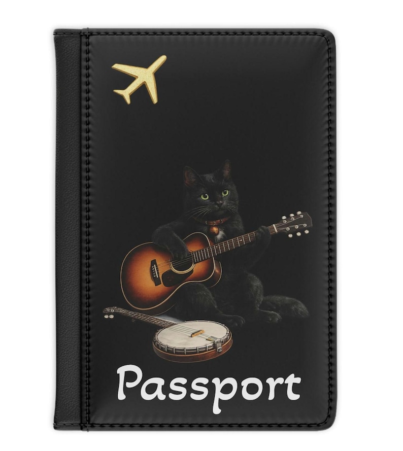 Schwarze Katze, die Gitarre spielt Passhülle | - Spielkatze, Reiseaccessoire Bild 1