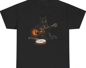 Schwarze Katze spielt Gitarre Banjo T-Shirt, Musik-Liebhaber-Tier-T-Stück