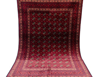 Handknuten röd afghansk matta i tribal stil, traditionell turkmensk Khoja Roshnai ullmatta.