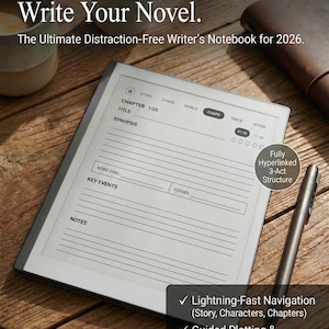 Peut inclure: Un ordinateur portable d'écriture numérique sur une surface en bois. Le cahier affiche un modèle d'écriture avec des sections pour le chapitre, le titre, le synopsis, l'objectif de mots, les événements clés et les scènes. Le texte se lit "Unleash Your Story. Write Your Novel."