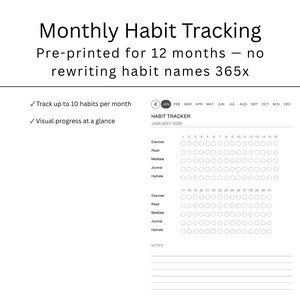 Pu&ograve; includere: Un tracker delle abitudini bianco con il testo "Monitoraggio mensile delle abitudini" e "Prestampato per 12 mesi". Include una sezione per monitorare fino a 10 abitudini al mese, con un grafico di avanzamento visivo per gennaio 2026.
