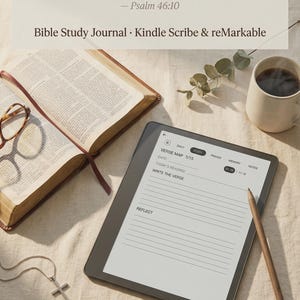 May include: An open Bible, glasses, and a digital tablet with a lined page are arranged on a cream-colored surface. The tablet displays the words "Verse Map 1/15" and "Write the Verse." A cup of coffee and a cross necklace are also present. The text reads "Be still, and know that I am God."