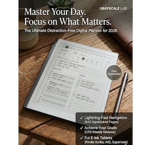 May include: A digital planner with the text "Master Your Day. Focus on What Matters." The planner displays a calendar layout with task lists and checkboxes. A stylus and a small plant are also visible on a wooden surface.