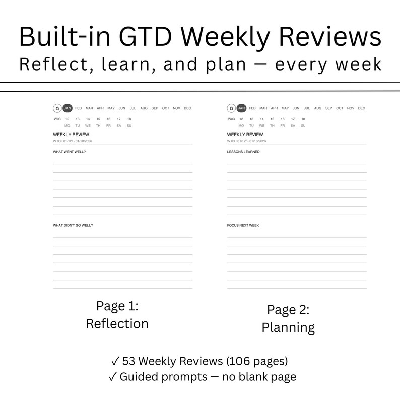 Pu&ograve; includere: Un'agenda bianca con il testo "Built-in GTD Weekly Reviews" e "Reflect, learn, and plan - every week." L'agenda include suggerimenti per la riflessione e la pianificazione settimanale, con 53 revisioni settimanali su 106 pagine.