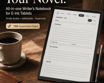 Può includere: Un taccuino digitale per scrittori per tablet e-ink visualizzato su uno schermo, con 166 pagine con collegamento ipertestuale. L'interfaccia include sezioni per capitolo, titolo, sinossi, obiettivo parole, scene, eventi chiave e note. Testo: Finally Finish Your Novel.