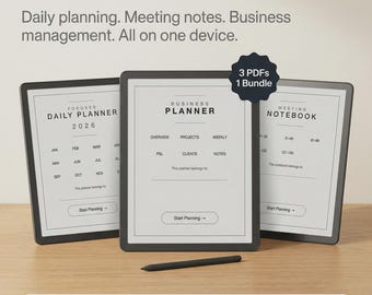 Może przedstawiać: Trzy tablety cyfrowe wyświetlają szablony planera z etykietami Daily Planner 2026, Business Planner i Meeting Notebook. Czarny rysik leży z przodu. Tekst zawiera Grayscale Lab, Your Complete Freelancer Toolkit oraz 3 PDFs 1 Bundle.