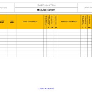 May include: A white document titled "Risk Assessment" with yellow headers for "Activity", "Hazard", "Risk", and other risk analysis categories. The document includes space for company and client logos, and is classified as "Public".