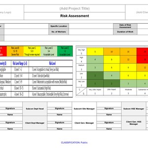 May include: A risk assessment document with sections for project details, risk levels, and a colour-coded matrix. The form includes fields for contractor information, work discipline, and a risk level matrix with colours indicating severity.
