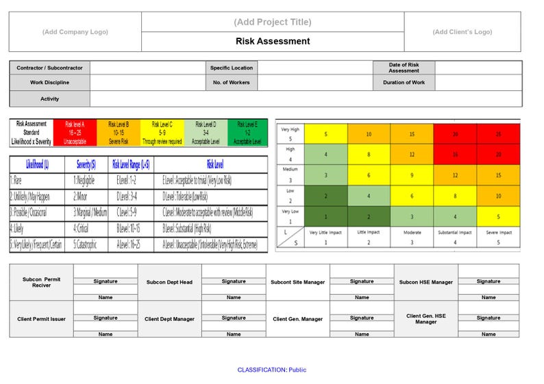 May include: A risk assessment document with sections for project details, risk levels, and a colour-coded matrix. The form includes fields for contractor information, work discipline, and a risk level matrix with colours indicating severity.