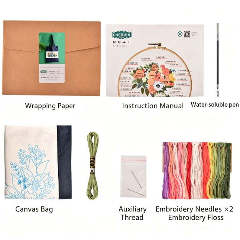 May include: An embroidery kit with various components. Includes a canvas bag with a floral design, embroidery floss in multiple colors, needles, a water-soluble pen, and an instruction manual. The kit is packaged in a brown wrapping paper.