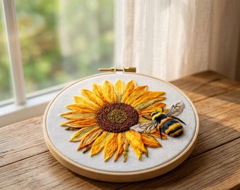 Sunflower Bee Embroidery Kit, Beginner Hand Embroidery Pattern, Nature Floral Hoop Art,  HK-SFZ