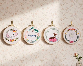 Sheep Deer Elephant Embroidery Hoop Kit, Animal Embroidery Material Pack, Nursery Wall Decor, HK-SFZ