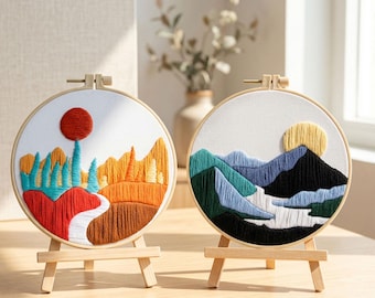 Modern Landscape Embroidery Kit, Mountain Sunset Nature Hoop Art, Beginner DIY Craft Decor,HK-SFZ