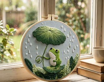 Frog Embroidery Kit, Woodland Cottagecore Wall Hanging Decor, Beginner Embroidery Hoop Craft, HK-sfz