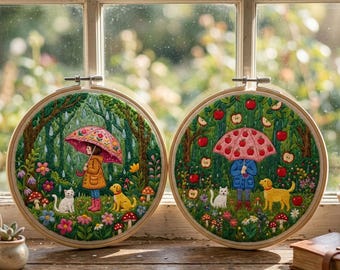 Forest Animal Embroidery Kit, Whimsical Woodland Scene, Cottagecore Craft Project,HK-SFZ