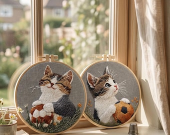 Kitten Embroidery Kit, Playful Cat Ball Hoop Art, Beginner DIY Pattern, Cottagecore Decor, HK-sfz