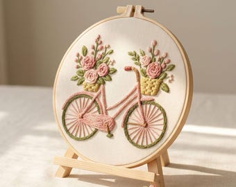 Floral Bicycle Embroidery Kit, Vintage Bike Handcraft, Cottagecore Wall Decor (DIY Kit), HK-SFZ