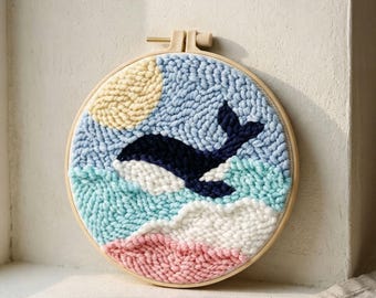 Whale Punch Needle Kit, Ocean Hoop Art, Beginner Embroidery Craft, Pastel Seaside Design, HK-sfz