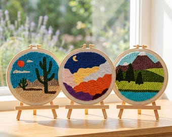 Punch Needle Kit, Landscape Embroidery Set, Mountain Desert Nature DIY Craft, HK-SFZ