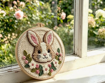 Punch Needle Bunny Kit, Floral Rabbit Embroidery Craft, Beginner Wall Decor (DIY), HK-sfz