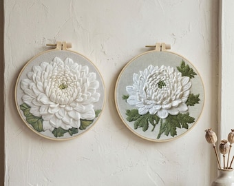 Chrysanthemum Embroidery Kit, Floral Hoop Art Decor, Beginner Needlepoint Craft Set, HK-SFZ