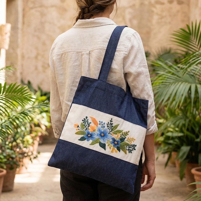 May include: A denim tote bag with a cream-colored stripe featuring an embroidered floral design in blue, orange, and green. The bag has a dark blue handle and is carried over the shoulder.