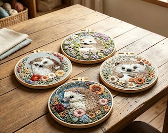 Hedgehog Embroidery Kit, Floral Hoop Art, Beginner DIY Craft Project, HK-SFZ