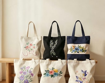 Floral Embroidery Tote Bag DIY Kit, Beginner Hand Stitching Craft Project, HK-SFZ