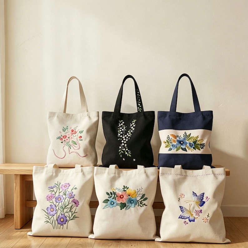 May include: Six canvas tote bags with embroidered floral designs. The bags are in various colors, including cream, black, and navy blue. The floral patterns feature a variety of colors, including pink, blue, yellow, and purple. The bags have long handles.