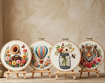 Floral hot air balloon series hand-embroidered, Floral Animal Needlepoint Hoop Art,Embroidery beginner, HK-SFZ