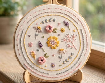 Beginner Floral Embroidery Kit, Botanical Hoop Art Craft (DIY Set), HK-SFZ
