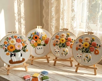 Cat Floral Embroidery Kit, Beginner Flower Vase DIY Craft, Cottagecore Decor Pattern, HK-sfz