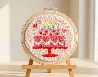 Punch Needle Kit, Birthday Cake Hoop Art, Beginner DIY Craft, Kids Room Decor, HK-sfz