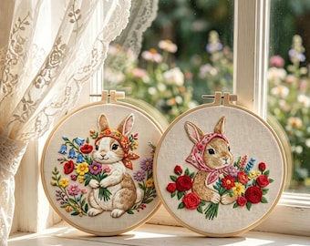 Rabbit Floral Embroidery Hoop Kit, DIY Hand Embroidery Pattern for Beginners, HK-SFZ