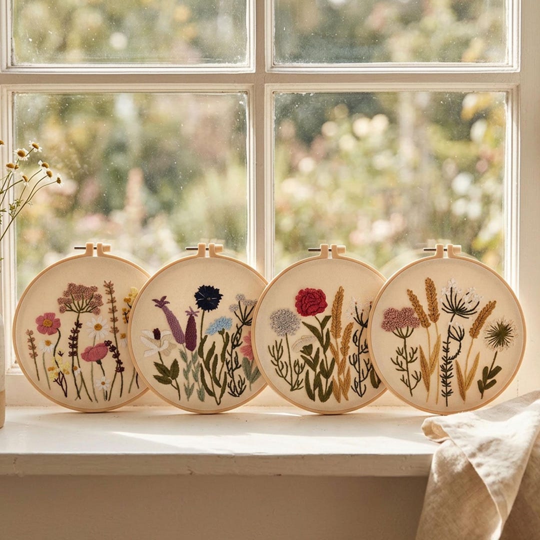 Floral Hand Embroidery Pattern Kit, Botanical Hoop Art Craft Set, DIY ...