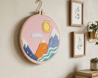 Modern Landscape Embroidery Kit, Mountain Sunset Boho Wall Art, Beginner Needlepoint Craft, HK-sfz