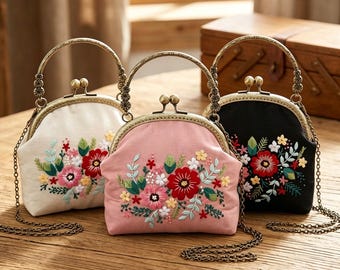 Floral Embroidered Kiss Lock Purse Kit, Vintage Handbag DIY Sewing Craft, HK-SFZ