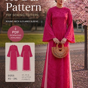 Peut inclure: Un patron de couture PDF numérique pour un Ao Dai avec un col rond et des manches évasées. Le patron inclut les tailles XS-3XL aux formats A0, A4 et US letter. Le modèle est une tunique longue rose foncé à motif floral sur un pantalon rose clair.